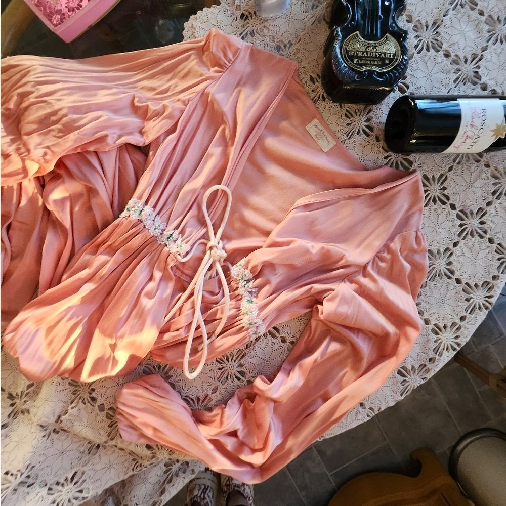 Vintage 50s Pink Satin Robe Puff Sleeve Maxi Waistband Cottagecore Fairy Vday